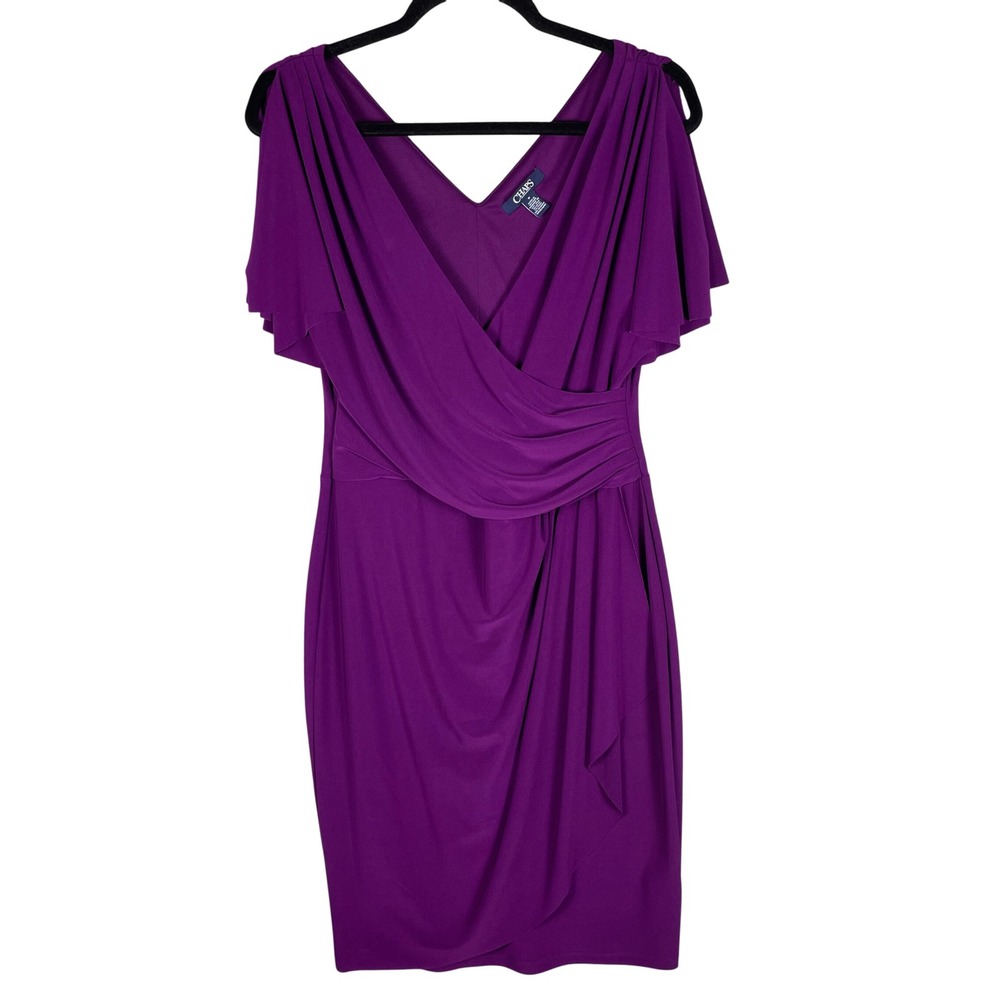Chaps Sheath Dress Womens Medium Maroon Excellent Draped Surplice Flutter Sleeve